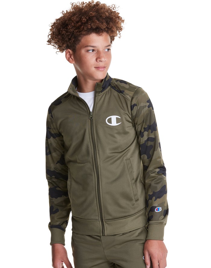 Champion Jas Jongens - Olijfgroen - Camo Track C + Script Logo ( 526418-OXR )